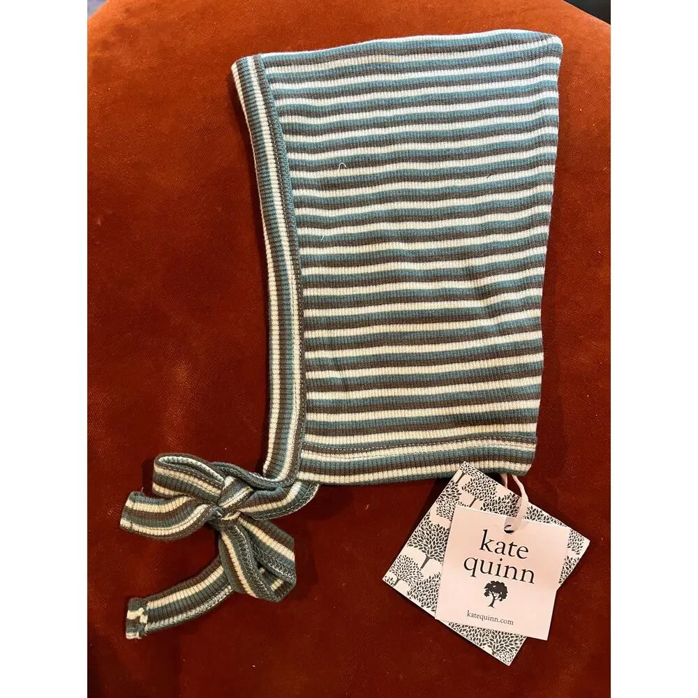 NWOT Kate Quinn Baby Striped Knit Bonnet in Blue, Cream, and Brown
